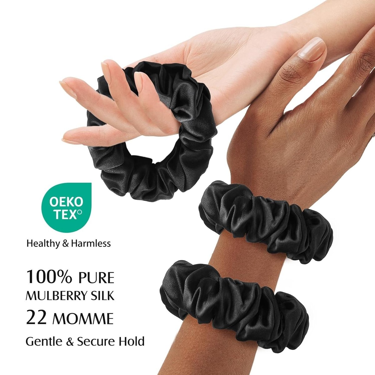 Silk Scrunchies 22 Momme 100% Mulberry Soft Hair Ties No Damage 2 Pack 22 Momme 100% Mulberry Silk Hair Ties - 6PCS Black Satin  main image 4