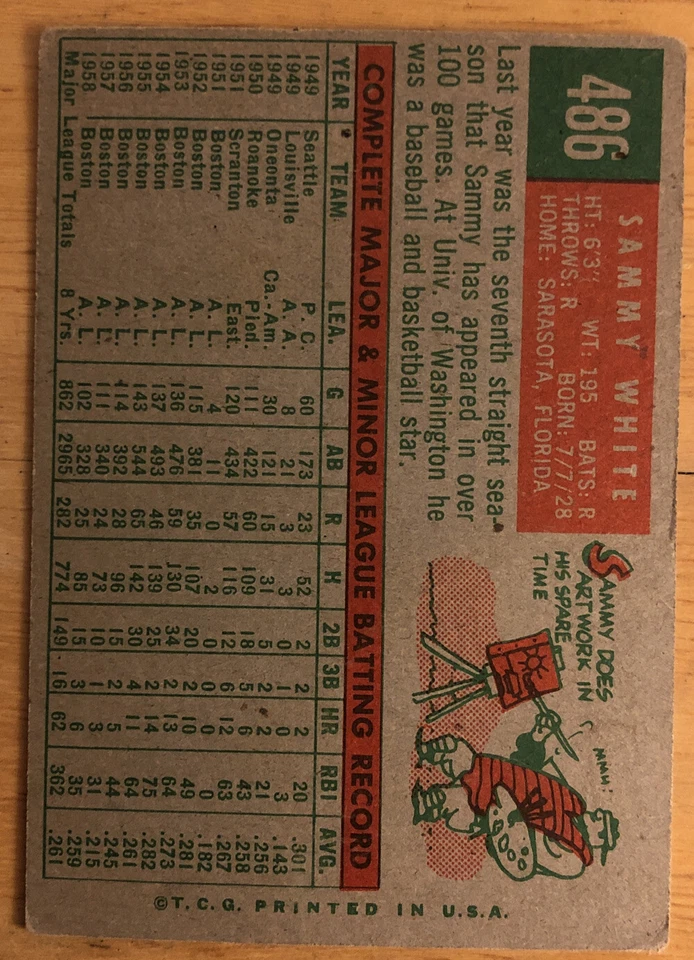 1959 Topps Sammy White Baseball Card #486 Boston Red Sox Low Grade - Image 2 of 2