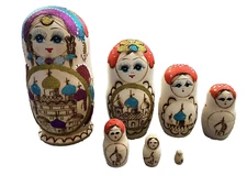 Russian Nesting Wood Dolls Set of 7 Hand Painted Glitter Folk Matryoshka