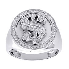 Anello uomo insegna dollaro claccico zirconi taglio tondo bianco 1,20 carati in argento massiccio 925