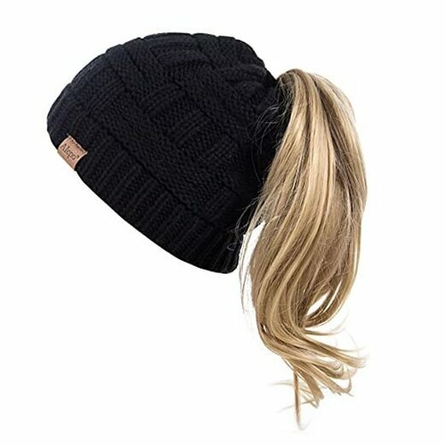 Messy Bun Beanie Hat with Ponytail Hole 