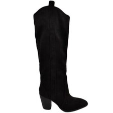 Stivali camperos donna in camoscio nero altezza ginocchio lisci con tacco legno 