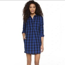 Madewell Jane Buffalo Plaid Shirtdress Coastal Blue 1/4 Button Sz XS Long Sleeve