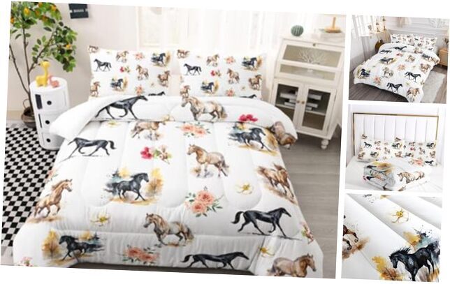 Horse Comforter Bedding Set for Boys Girls Kids Teens, Watercolor Queen Style 1