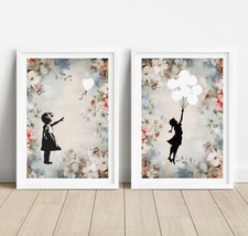 Set of 2 Banksy Wall Art Prints Balloon Girl Vintage Botanical Pictures Posters
