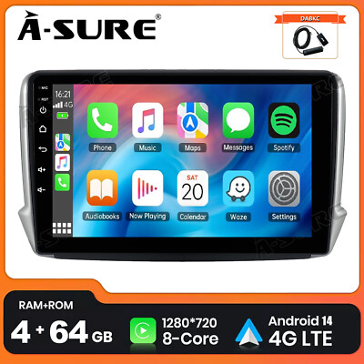 DAB 4+64G 8 Core Android 14 Autoradio CarPlay GPS Für Peugeot 208/2008 2012-2018