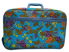 Vintage 70s Floral Bantam Soft Suitcase Blue Orange Yellow Hippie Boho Carry-on