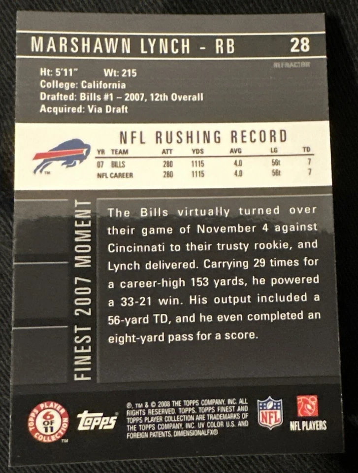 Marshawn Lynch - 2008 Topps Finest #28 Blue Refractor - Seahawks - Image 2 of 2