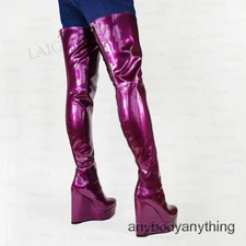 Women Over Knee Boots Shiny Platform Wedges Thigh High Boots Unisex Zip Up Shoes