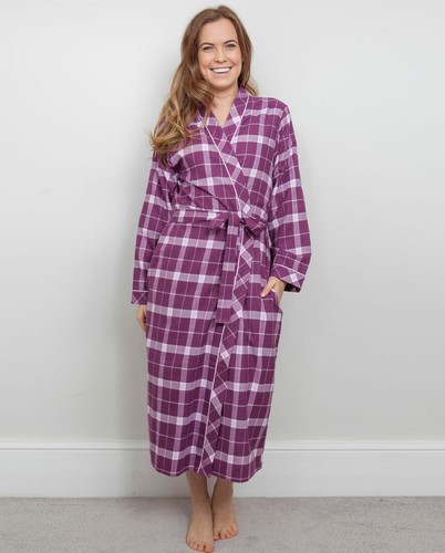 CYBERJAMMIES FIONA LADIES-WOVEN LONG SLEEVE BRUSHED CHECK LONG ROBE-PLUM CHECK - Picture 2 of 3
