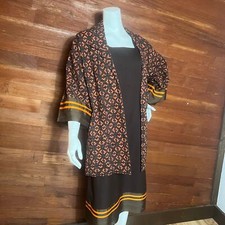 VINTAGE 70s 2 Piece Kimono Dress Set Orange Mod Midi Handmade Size 8
