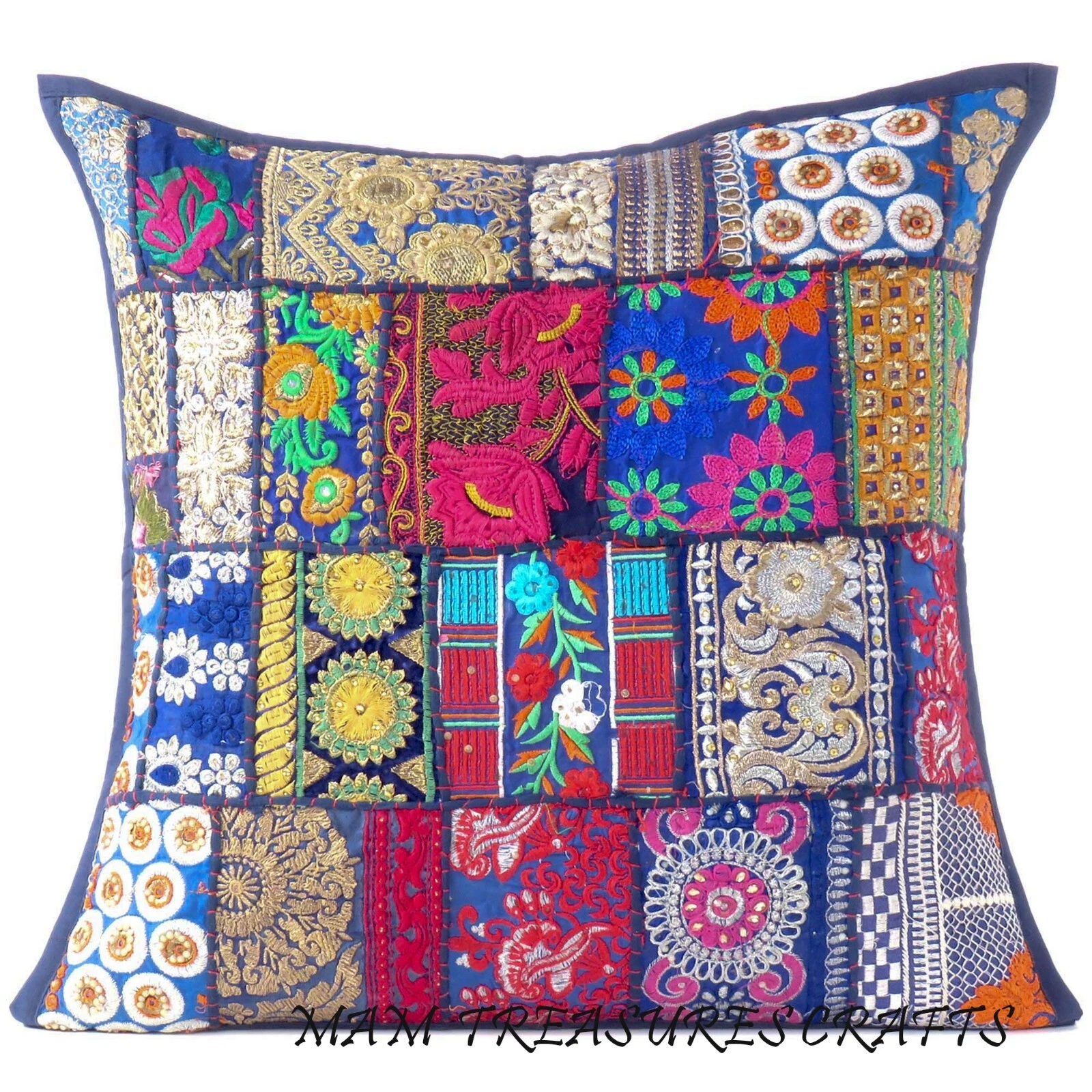 Blue Decorative Patchwork Boho Throw Pillow Colorful Bohemian Cushion Cover Boh