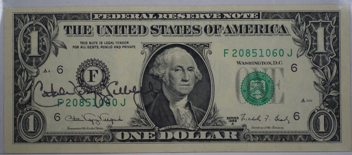 1988 $1 Dollar Bill Signed by US Treasurer Catalina Vasquez 
