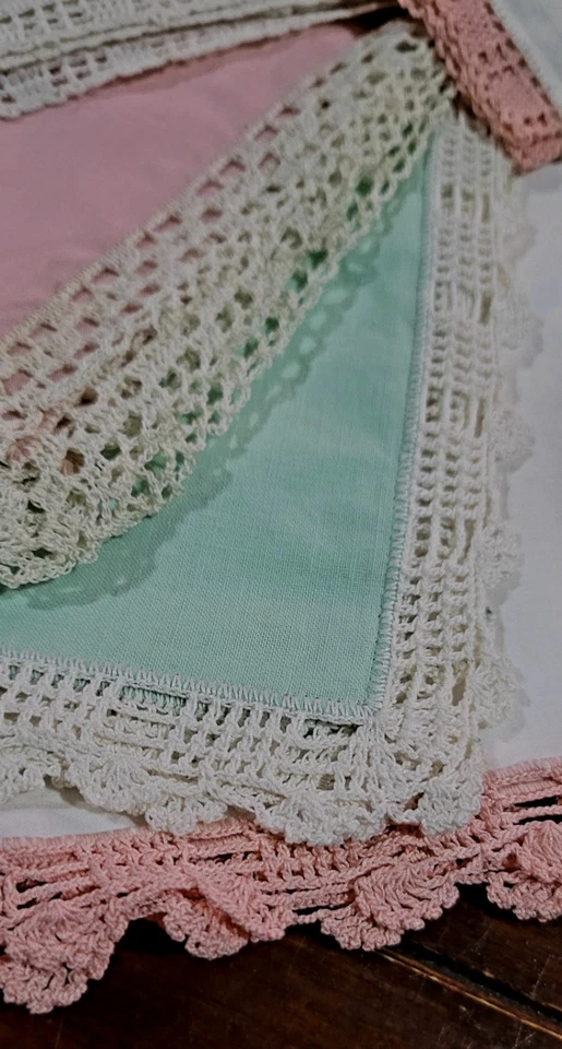 6 Vintage Hand Crochet Edge Handkerchiefs Hand Made Pink Green - Image 3 of 4