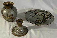 MessingSet Schale Vase Kerzenhalter Emaille Handarbeit Relief Vogelmotiv Vintage