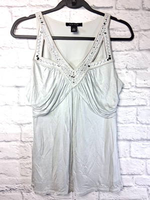 White House Black Market White Womens Embellished V-Neck Tank Medium Silver