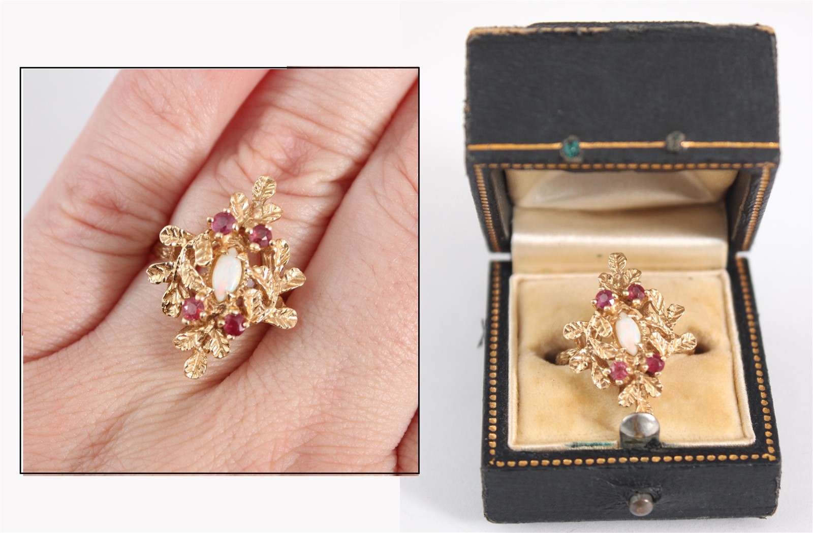 Antique Victorian 14K Gold Fire Opal & Red Ruby Ring Biomorphic Leaf & BranchOriginal H. Healy Ring Box…. 4.4 Grams… NO RESERVE