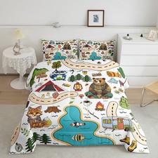 Camping Adventure Bedding Set,Kids Boys Girls King Size Cartoon Animal Tent M...