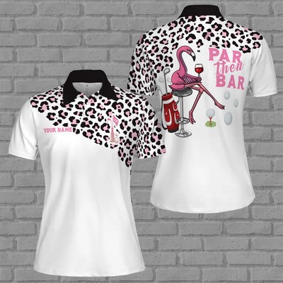 Custom Name Par Then Bar Leopard Flamingo Women Polo Shirt
