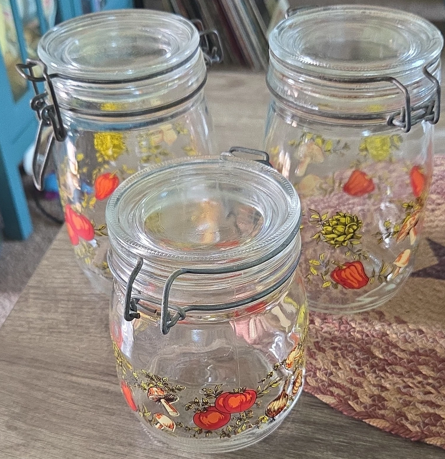Vintage Arc France Glass Canister Spice of Life 1L Hinged Lid X2 And 3/4L