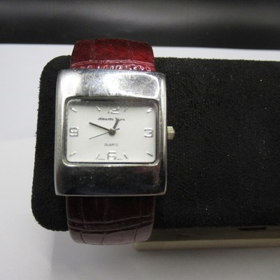 Alberto Zuro Women's Silver Tone Rectangle Quartz Cuff Watch Red Leather Banb