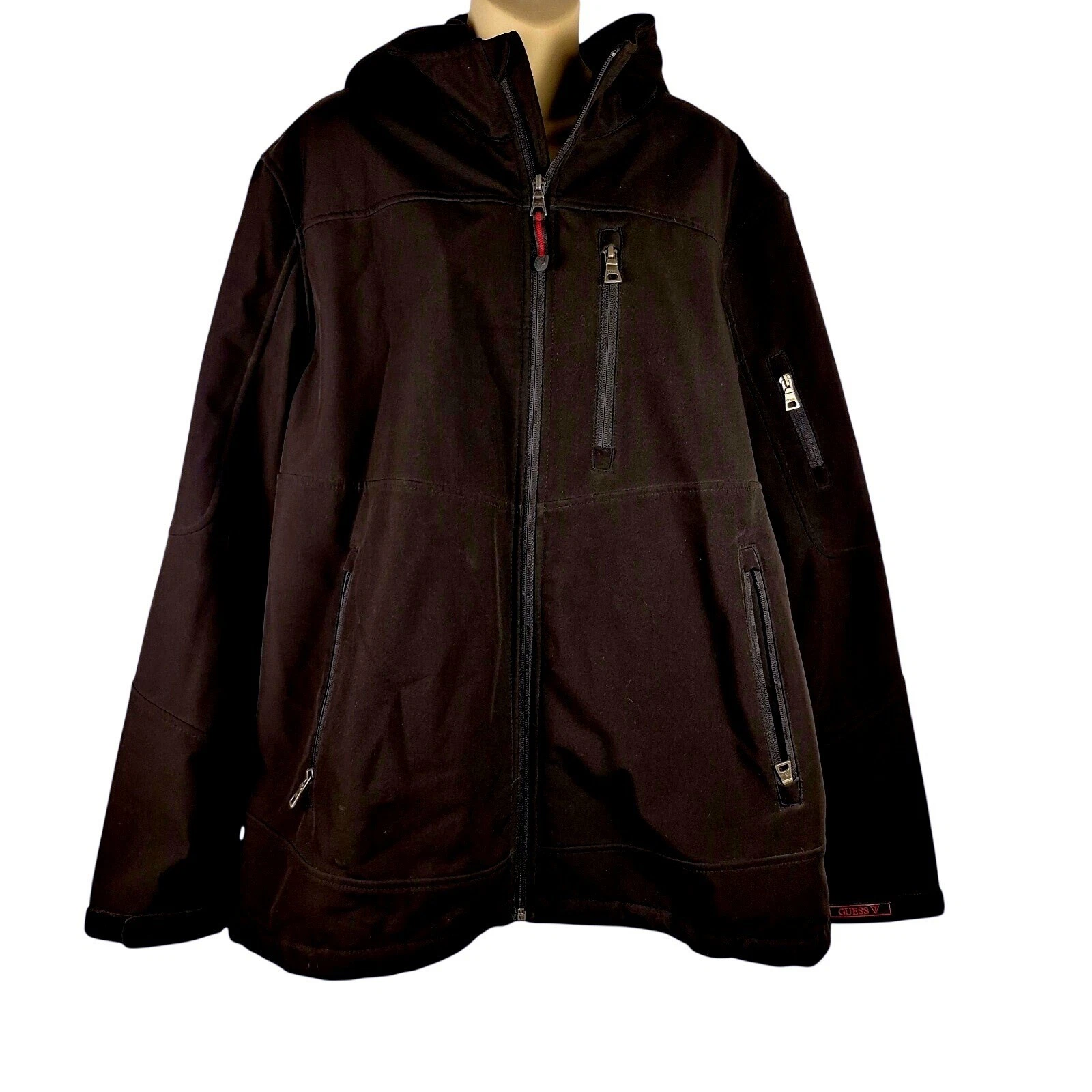 GUESS Mens XXL Black Water Resistant Hooded Fleece Lined Softshell Jacket
