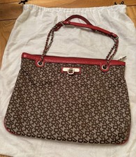 DKNY Beige Signature Monogram Red Leather Trim LARGE Shoulder BAG Chain Strap