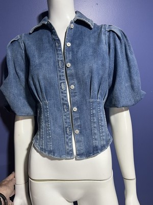 Express Denim Puff-Sleeve Button-Front tailored crop Jean Shirt/Jacket Size XS