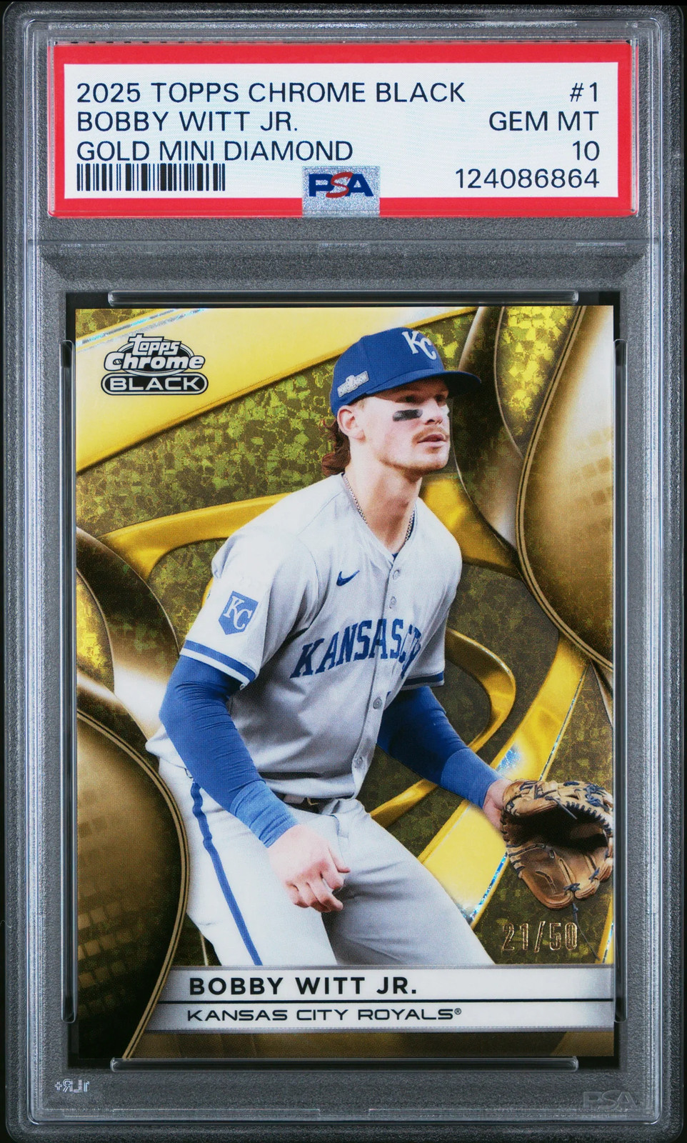 2025 Topps Chrome Black Bobby Witt Jr. Gold Mini Diamond /50 #1 PSA 10 (Pop 2) view 1
