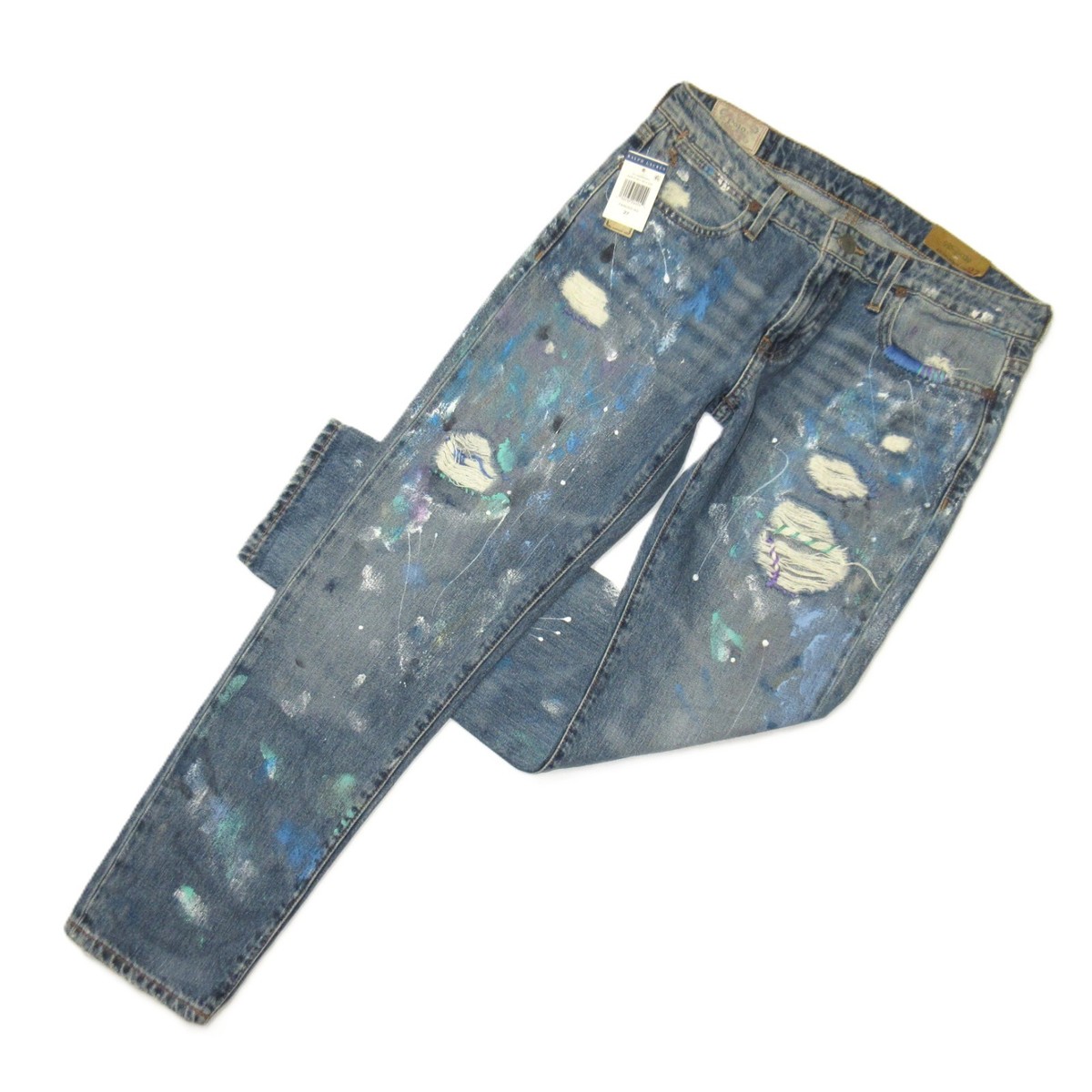 【新品・未使用】Polo THE ASTOR SLIM BOYFRIEND 25 NWT POLO Ralph Lauren Astor Boyfriend in Blue Paint Splatter Jeans