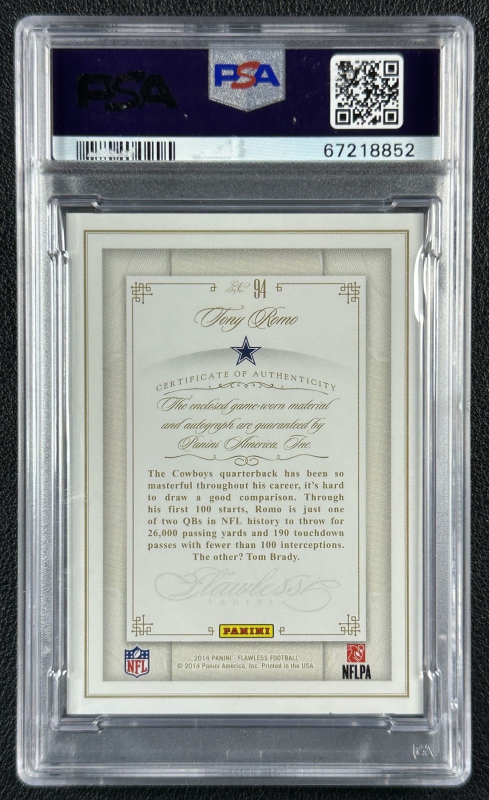POP 1 TONY ROMO PSA 10 2014 PANINI FLAWLESS #94 GU PATCH AUTO RUBY JERSEY # 9/15 view 2
