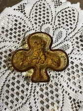 Vintage Amber 4" Ashtray Trinket Holder Club Design, Pressed Sandwich Glass