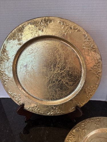 6 Vintage Heavy Metal Brass Gold-Tone Round Shape 12.5” Charger Plates - Picture 7 of 12