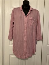 STARS ABOVE Notch Collar Nightgown XL Pink Pinstripe Button Up Long Sleeve