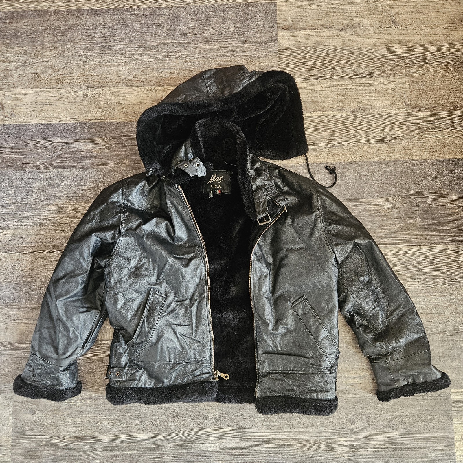 Vintage Max U.S.A. Hooded Leather Faux Fur Lining Jacket Men Large