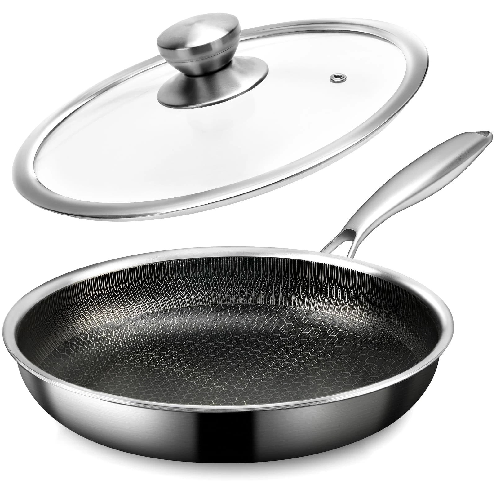Stainless Steel Frying Pan with Lid, 8 Inch Honeycomb Non Stick Frying Pan, S...