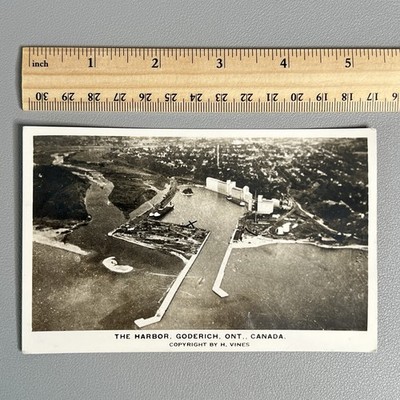 1950 RPPC Goderich Ontario harbor Aerial View Grain Elevators H Vines Postcard