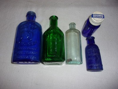 Vintage Medicine Blue Bottle Lot 5PC Magnesia Bromo Seltzer Whadhoo & More