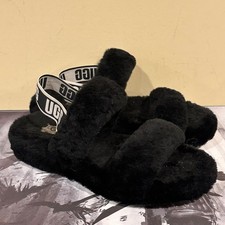 UGG Oh Fluffita Black Sheepskin Platform Slingback Sandals Slides Womens size 8