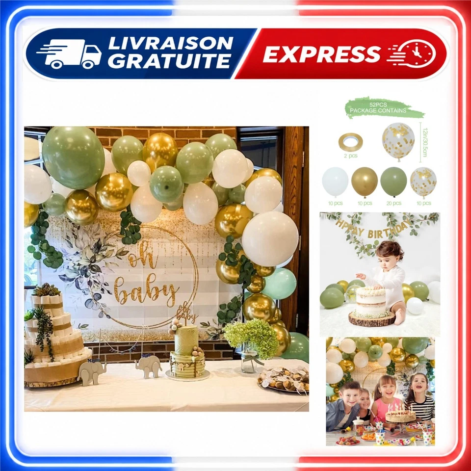 Ballons Anniversaire Vert Or - 50 Pcs Rétro Décoration Fête - Photo 1/4
