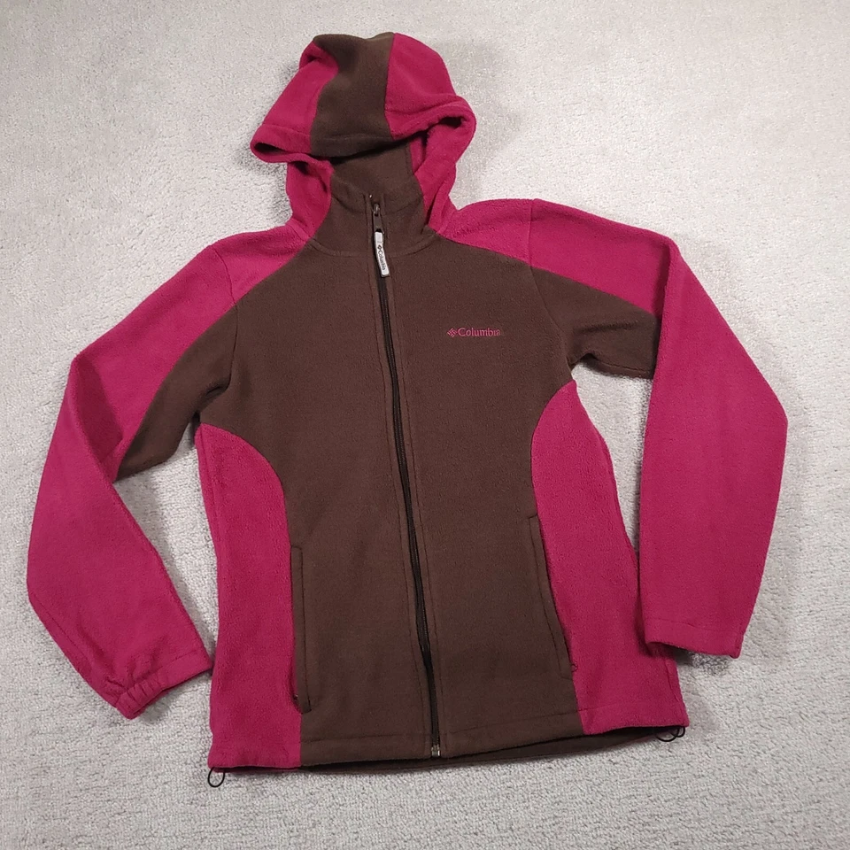 Columbia Sudadera con Capucha Mujer Mediana Marrón Rosa Bloque de Color Cremallera Completa Sudadera Chaqueta Foto 2 de 4