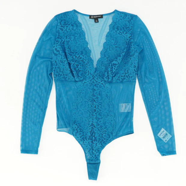 INC Women's Blue Long Sleeve Mesh Lace Inset Thong Bodysuit NWT XL