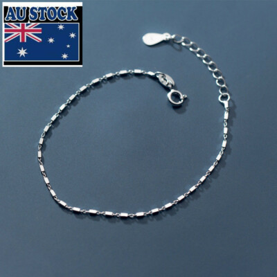 Woman Real s925 Sterling Silver 1mm Thin Cute Bean Cube Link Chain Bracelet 