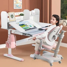 COSVALVE Pink Adjustable Height Kids Study Desk Armrest Chair Set w/Drawer,Shelf