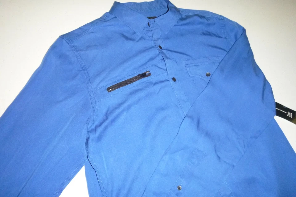 INC International Concepts Hombres Calce Regular Satén Informal Vestido Camisa - Pequeña - Azul Foto 3 de 4