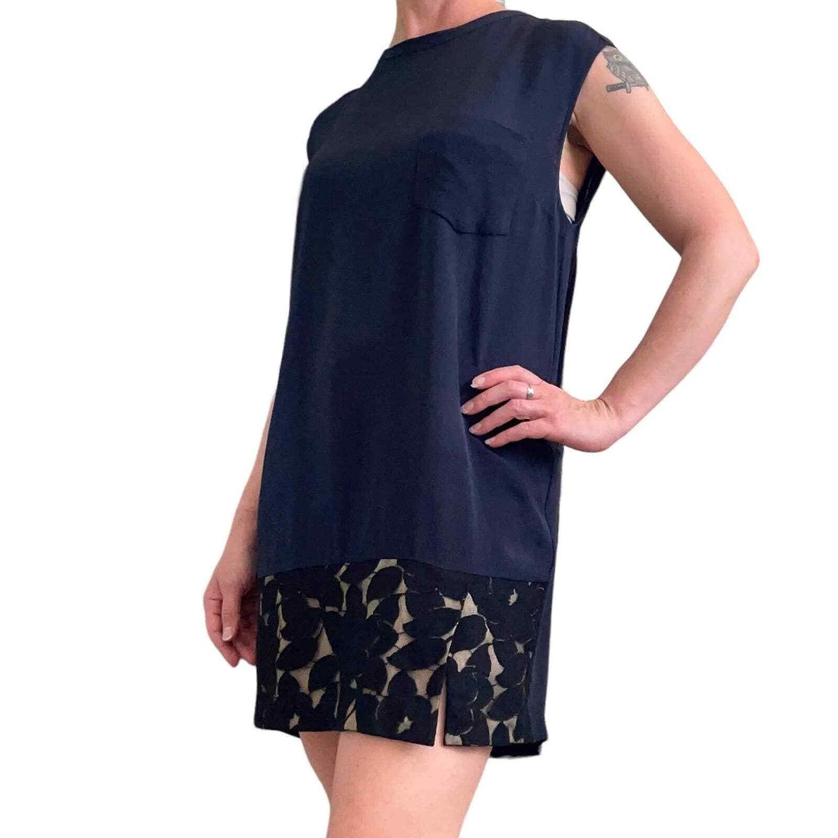 3.1 Phillip Lim Vintage Navy Blue Silk Black Floral Lace Trim Shift Mini  Dress 4 | eBay