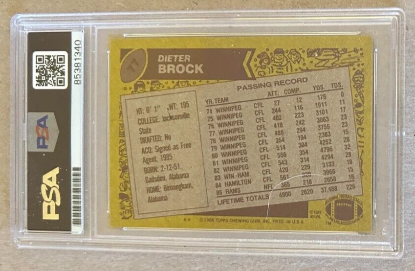 Dieter Brock 1986 Topps 76 Signed Auto Autograph Rams Jacksonville State PSA/DNA - Image 3 of 3