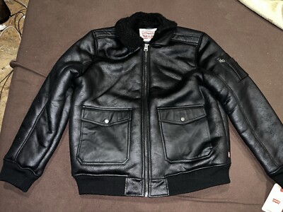 Levis Black Faux Leather Aviator Bomber Jacket Men s L Sherpa Lined