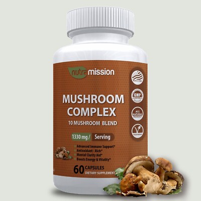 Mushroom Complex Supplement 1330mg-10 Medicinal Mushrooms Blend-Energy, Immunity