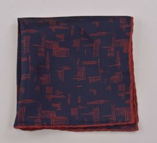Luciano Barbera NWOT Silk Pocket Square in Navy with Red Abstract Line Pattern
